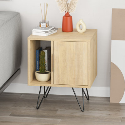 Decortie Glynn Modern Bedside Table with Metal Hairpin Legs Bedroom Nightstand with Storage Oak 50.2cm