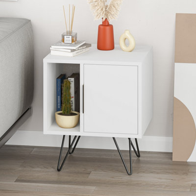 Decortie Glynn Modern Bedside Table with Metal Hairpin Legs Bedroom Nightstand with Storage White 50.2cm