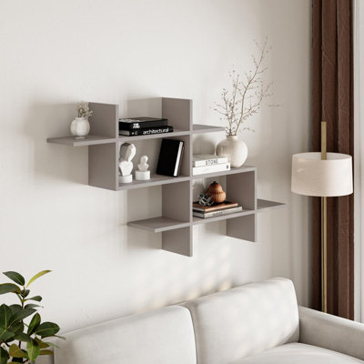 Decortie Halic 3 Tiers Wall Mounted Shelf Modern Floating Bookcase Mocha Grey 150cm