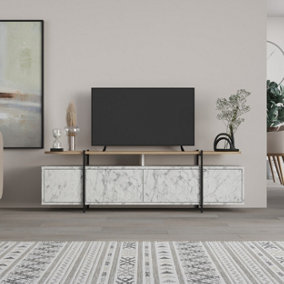Decortie Hanley Modern TV Stand Multimedia Centre TV Unit White Marble Effect Oak With Storage Cabinet 160cm