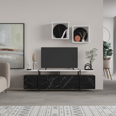 Decortie Hanley Modern Tv Unit Black Marble Effect White With Wall