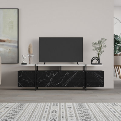 Decortie Hanley Modern TV Unit Multimedia Centre Black Marble Effect White with Storage TV Cabinet 160cm