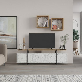 Decortie Hanley Modern Tv Unit White Marble Effect Oak With Wall Storage Unit 160cm
