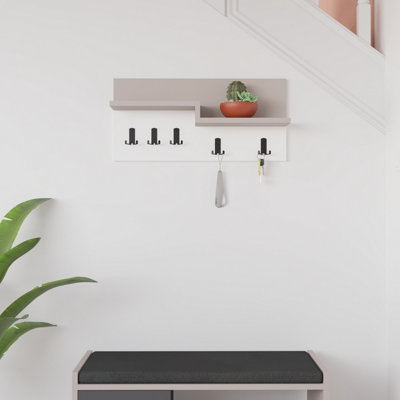 Decortie Harmon Modern Wall Mounted Coat Hanger with Open Shelf Mocha Grey White 5 Black Metal Hooks