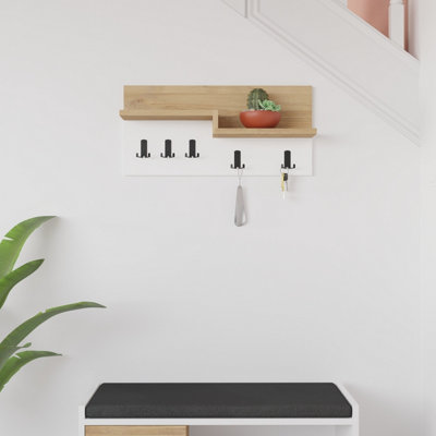 Decortie Harmon Modern Wall Mounted Coat Hanger with Open Shelf Oak White 5 Black Metal Hooks