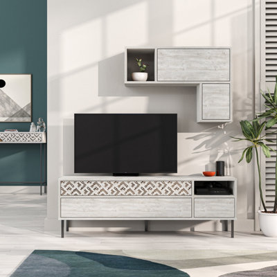 Decortie Heaton Modern TV Unit Ancient White with Storage and Wall Shelf 144.6cm