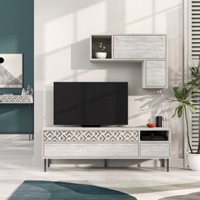 Decortie Heaton Modern Tv Unit Ancient White With Storage And Wall Shelf 144.6cm