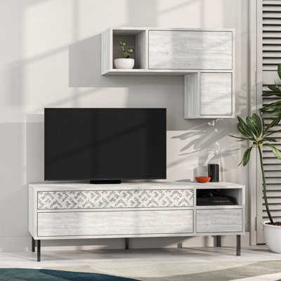 Decortie Heaton Modern Tv Unit Ancient White With Storage And Wall Shelf 144.6cm