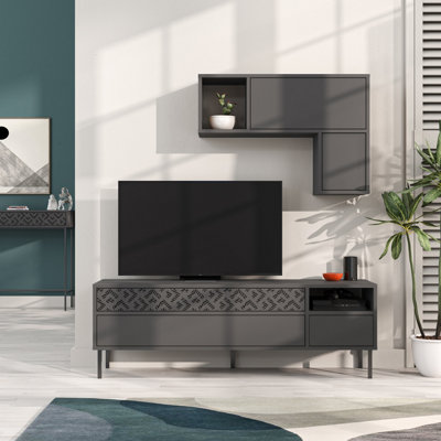 Decortie Heaton Modern TV Unit Anthracite Grey with Storage and Wall Shelf 144.6cm