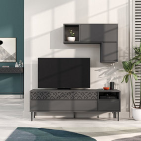 Decortie Heaton Modern Tv Unit Anthracite Grey With Storage And Wall Shelf 144.6cm