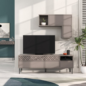 Decortie Heaton Modern Tv Unit Mocha Grey With Storage And Wall Shelf 144.6cm