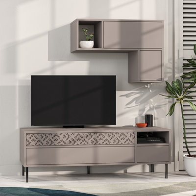 Decortie Heaton Modern Tv Unit Mocha Grey With Storage And Wall Shelf 144.6cm