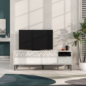 Decortie Heaton Modern TV Unit Multimedia Centre Ancient White with Storage TV Cabinet 144.6cm