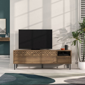 Decortie Heaton Modern TV Unit Multimedia Centre Oak Effect with Storage TV Cabinet 144.6cm