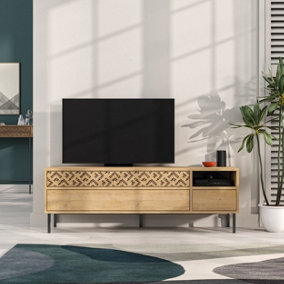 Decortie Heaton Modern TV Unit Multimedia Centre Oak with Storage TV Cabinet 144.6cm