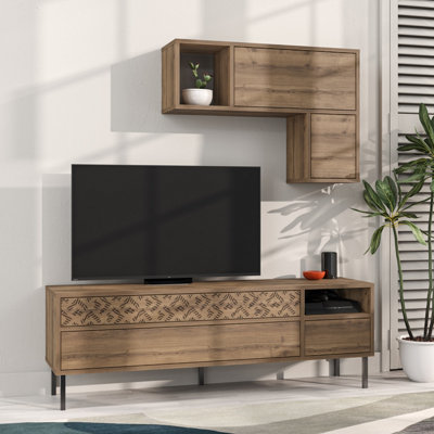Decortie Heaton Modern Tv Unit Oak Effect With Storage And Wall Shelf 144.6cm