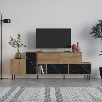 Decortie Hermes Modern TV Unit Multimedia Centre Oak Effect Black Marble Effect With Storage TV Cabinet 171.2cm