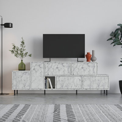 Decortie Hermes Modern TV Unit Multimedia Centre White Marble Effect With Storage TV Cabinet 171.2cm