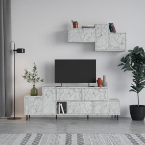 Decortie Hermes Modern Tv Unit White Marble Effect With Wall Storage Unit 171.2cm