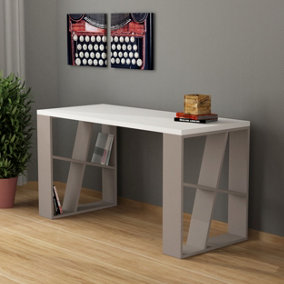 Decortie Honey Modern Desk White Mocha Grey With Bookshelf Legs Width 137cm