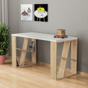 Decortie Honey Modern Desk White Oak With Bookshelf Legs Width 137cm