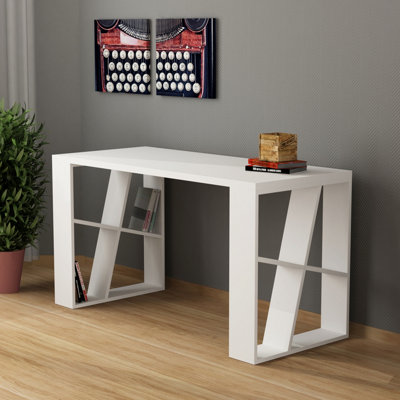 Decortie Honey Modern Desk with Bookshelf Legs White 137cm