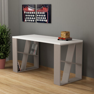 Decortie Honey Modern Desk with Bookshelf Legs White Mocha Grey 137cm