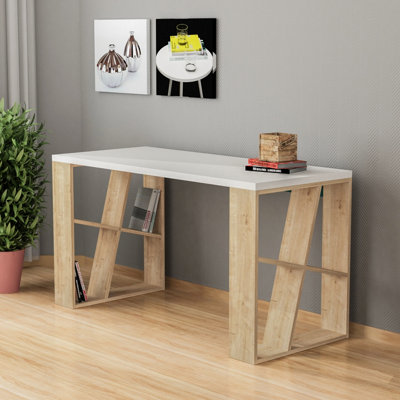 Decortie Honey Modern Desk with Bookshelf Legs White Oak 137cm