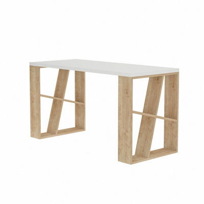 Decortie Honey Modern Desk with Integrated Bookshelf Storage White Oak 137cm