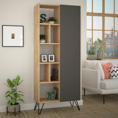 Decortie Jedda Modern Bookcase Display Unit Natural Oak Effect Anthracite Grey Tall 191cm