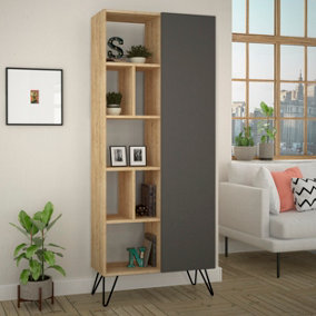 Decortie Jedda Modern Bookcase Display Unit Natural Oak Effect Anthracite Grey Tall 191cm