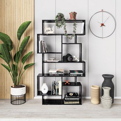 Decortie Karmato Bookcase, Display Unit, Room Seperator, Multipurpose Gloss Black Marble Effect (H)168.5 (W)96 (D)25.5Cm