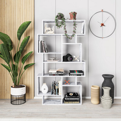 Decortie Karmato Bookcase, Display Unit, Room Seperator, Multipurpose White Marble Effect (H)168.5 (W)96 (D)25.5Cm