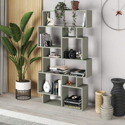 Decortie Karmato Modern Bookcase Display Unit with 10 Compartments Ash Green 168.5cm Tall