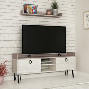 Decortie Keday Modern TV Stand Multimedia Centre TV Unit Ancient White Mocha Grey With Wall Shelf Unit 140cm