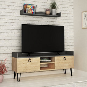 Decortie Keday Modern TV Stand Multimedia Centre TV Unit Oak Anthracite Grey With Wall Shelf Unit 140cm