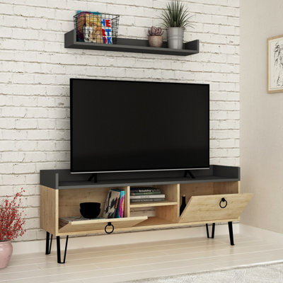Decortie Keday Modern TV Stand Multimedia Centre TV Unit Oak Anthracite Grey With Wall Shelf Unit 140cm