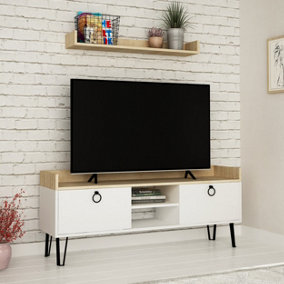 Decortie Keday Modern TV Stand Multimedia Centre TV Unit White Oak With Wall Shelf Unit 140cm