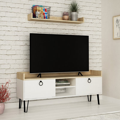 Decortie Keday Modern TV Unit Multimedia Centre White Oak with Wall Shelf Unit 140cm