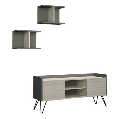 Decortie Klappe Modern TV Stand Multimedia Centre TV Unit Ancient White Anthracite Grey With Storage And Wall Shelf 125.5cm