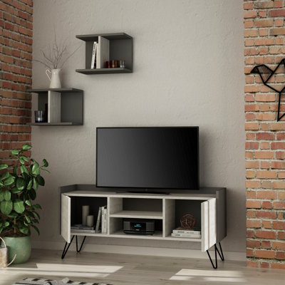 Decortie Klappe Modern TV Stand Multimedia Centre TV Unit Ancient White Anthracite Grey With Storage And Wall Shelf 125.5cm