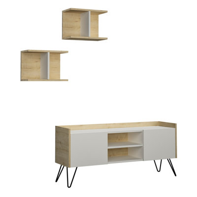 Decortie Klappe Modern TV Stand Multimedia Centre TV Unit White Oak With Storage And Wall Shelf 125.5cm