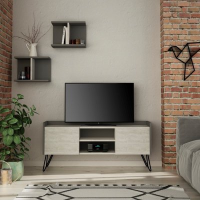 Decortie Klappe Modern TV Unit Multimedia Centre Ancient White Anthracite Grey with Storage and Wall Shelf 125.5cm