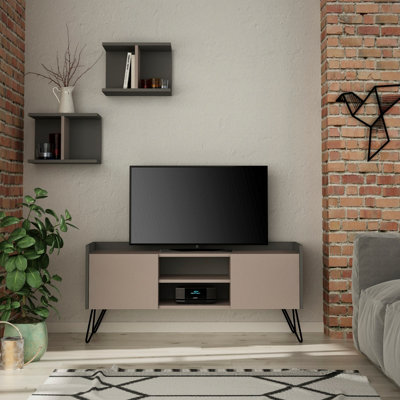 Decortie Klappe Modern TV Unit Multimedia Centre Mocha Grey Anthracite Grey with Storage and Wall Shelf 125.5cm