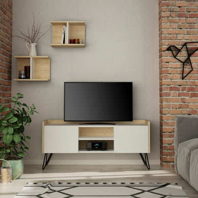 Decortie Klappe Modern TV Unit Multimedia Centre White Oak with Storage and Wall Shelf 125.5cm