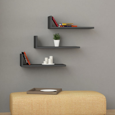 Decortie L Shape Modern Floating Shelf Anthracite Grey 14cm Short