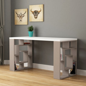 Decortie Labirent Modern Desk White Mocha Grey With Bookshelf Legs Width 137cm
