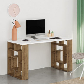 Decortie Labirent Modern Desk White Oak Effect With Bookshelf Legs Width 137cm
