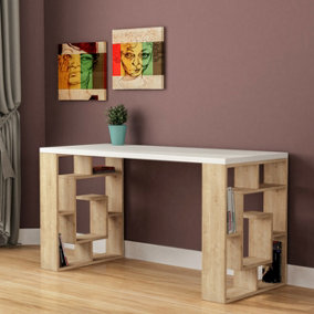 Decortie Labirent Modern Desk White Oak With Bookshelf Legs Width 137cm