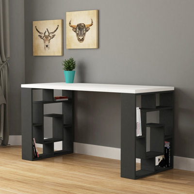 Decortie Labirent Modern Desk with Bookshelf Legs White Anthracite Grey 137cm